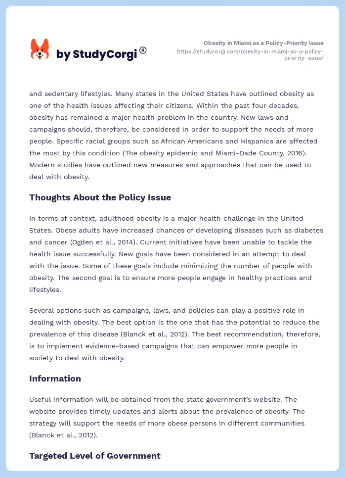 Obesity in Miami as a Policy-Priority Issue. Page 2