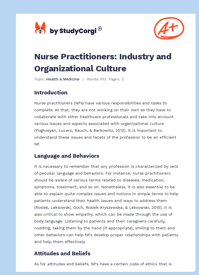 Nurse Practitioners: Industry and Organizational Culture. Page 1