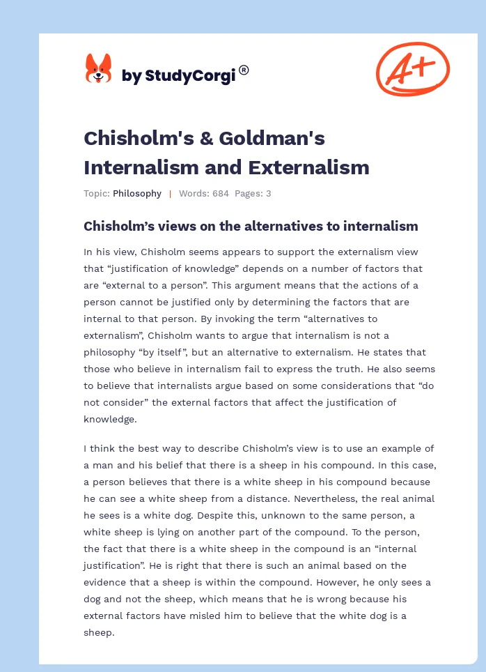 Chisholm's & Goldman's Internalism and Externalism. Page 1