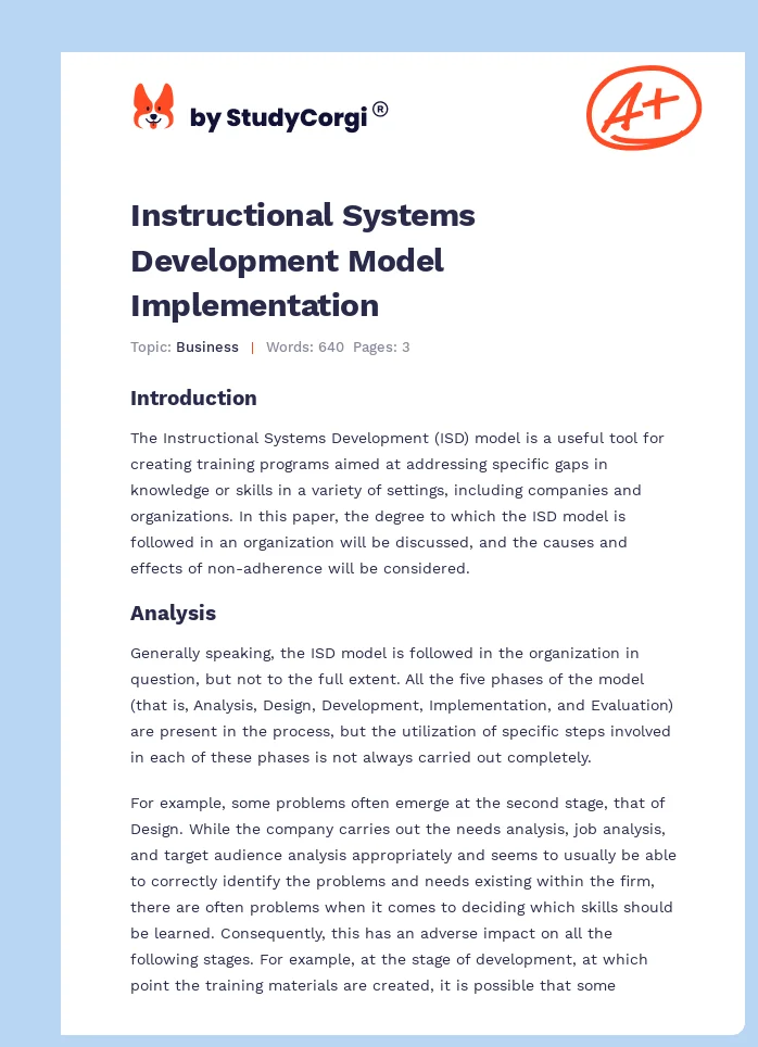 Instructional Systems Development Model Implementation. Page 1