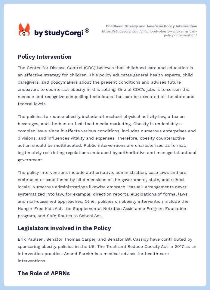 Childhood Obesity and American Policy Intervention. Page 2