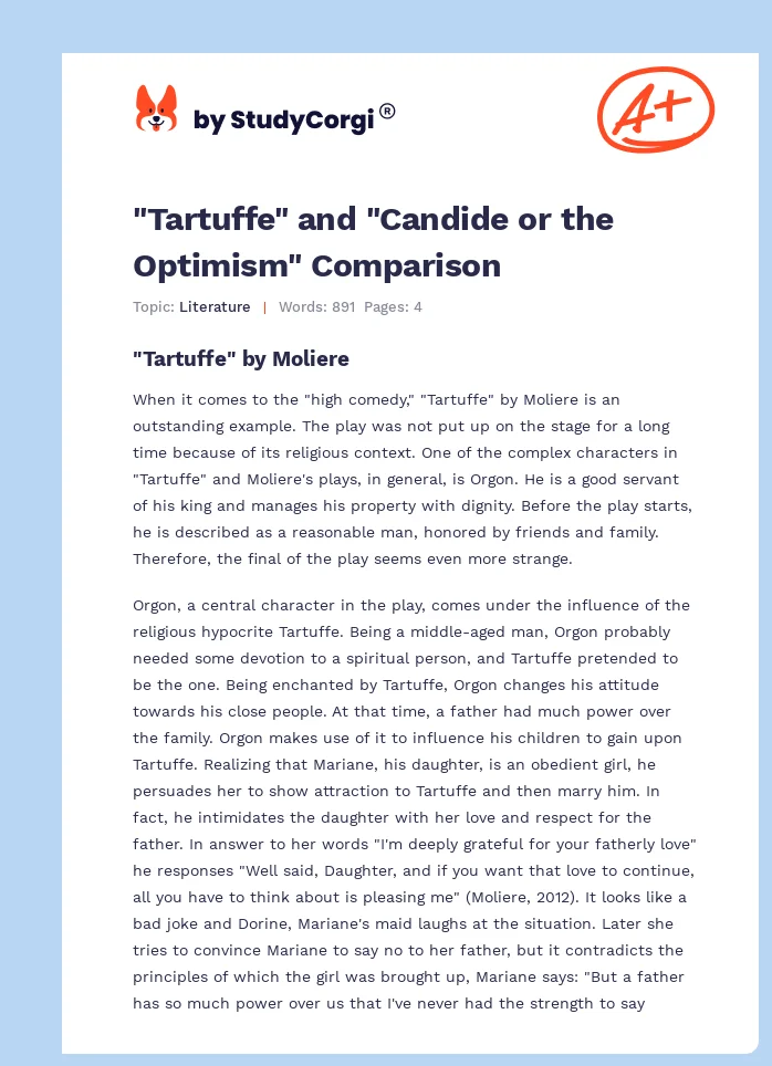 "Tartuffe" and "Candide or the Optimism" Comparison. Page 1