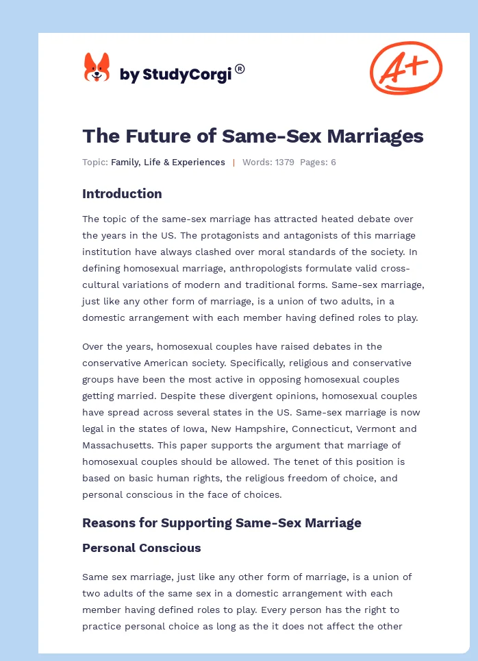 The Future Of Same Sex Marriages Free Essay Example