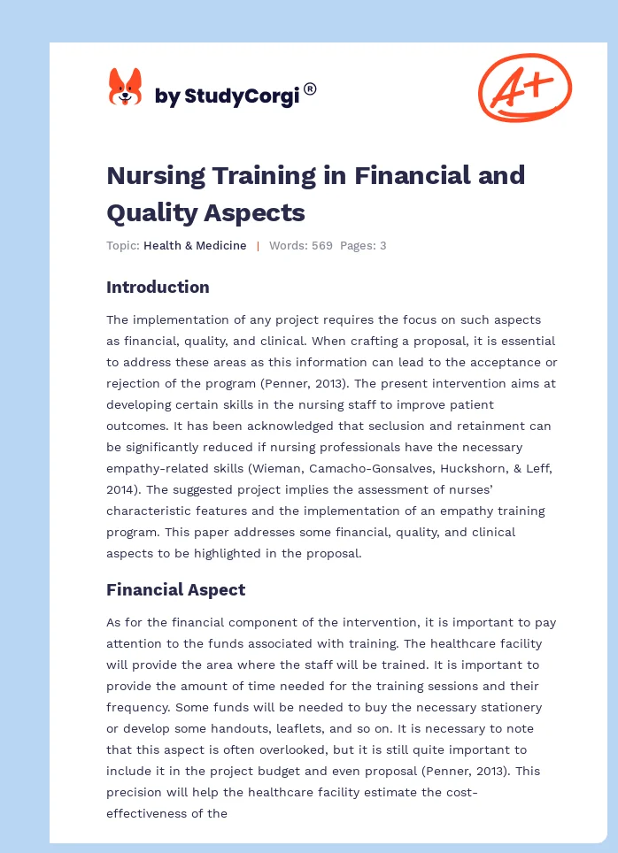 Nursing Training in Financial and Quality Aspects. Page 1