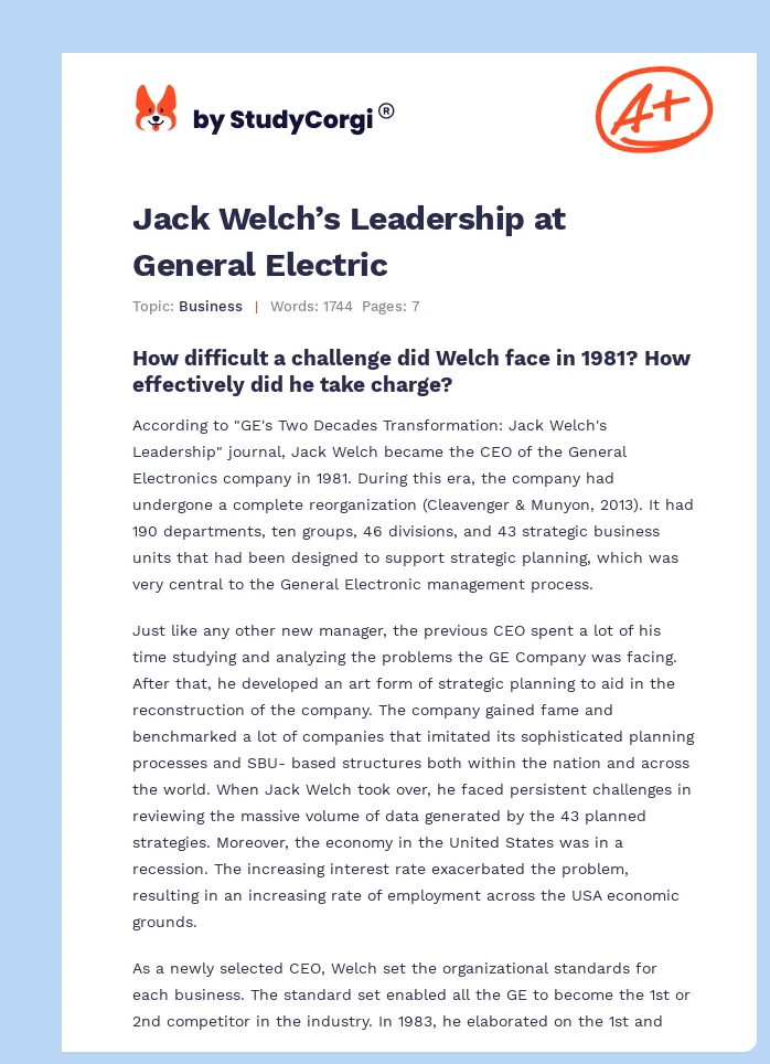Jack Welch’s Leadership at General Electric. Page 1