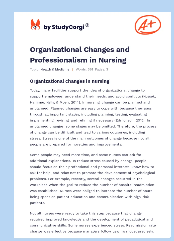 Organizational Changes and Professionalism in Nursing. Page 1