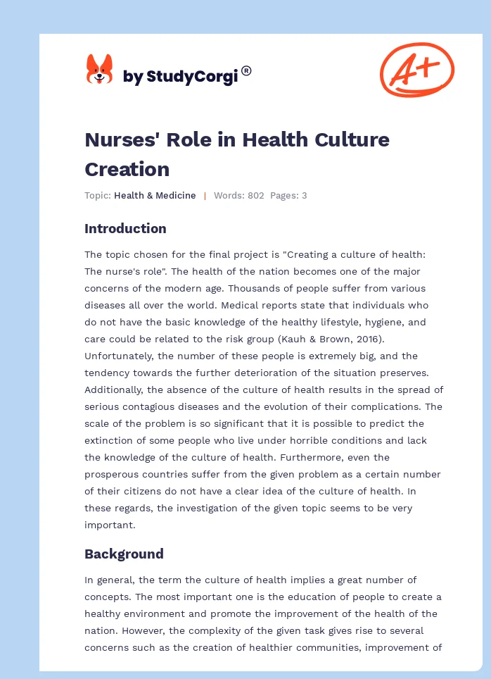 Nurses' Role in Health Culture Creation. Page 1