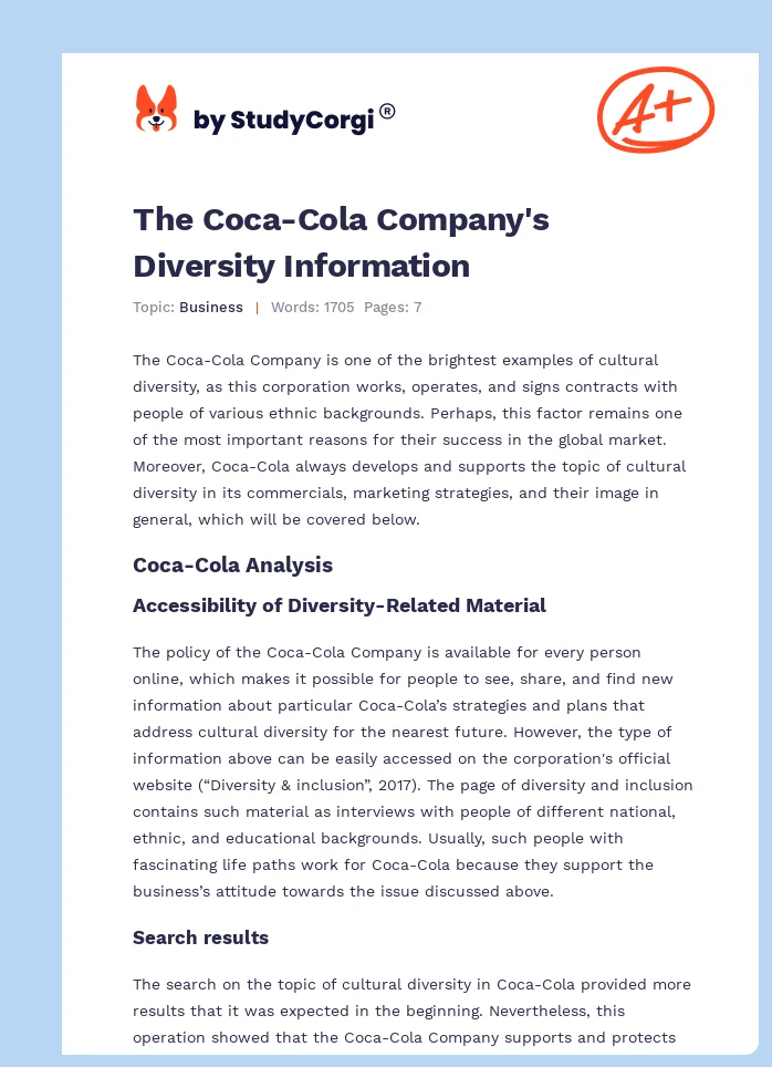 The Coca-Cola Company's Diversity Information. Page 1