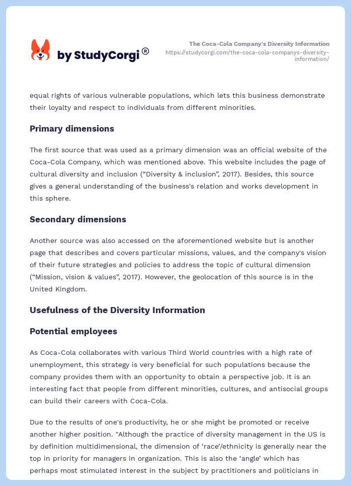 The Coca-Cola Company's Diversity Information. Page 2