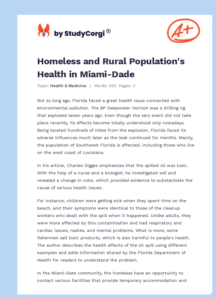 Homeless and Rural Population's Health in Miami-Dade. Page 1