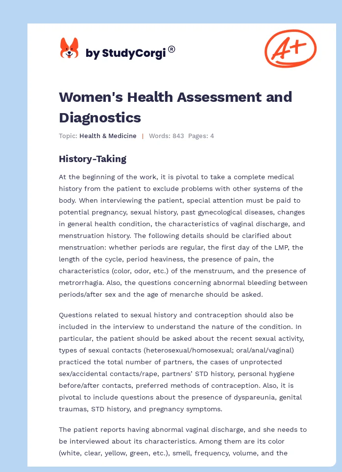 Women's Health Assessment and Diagnostics. Page 1