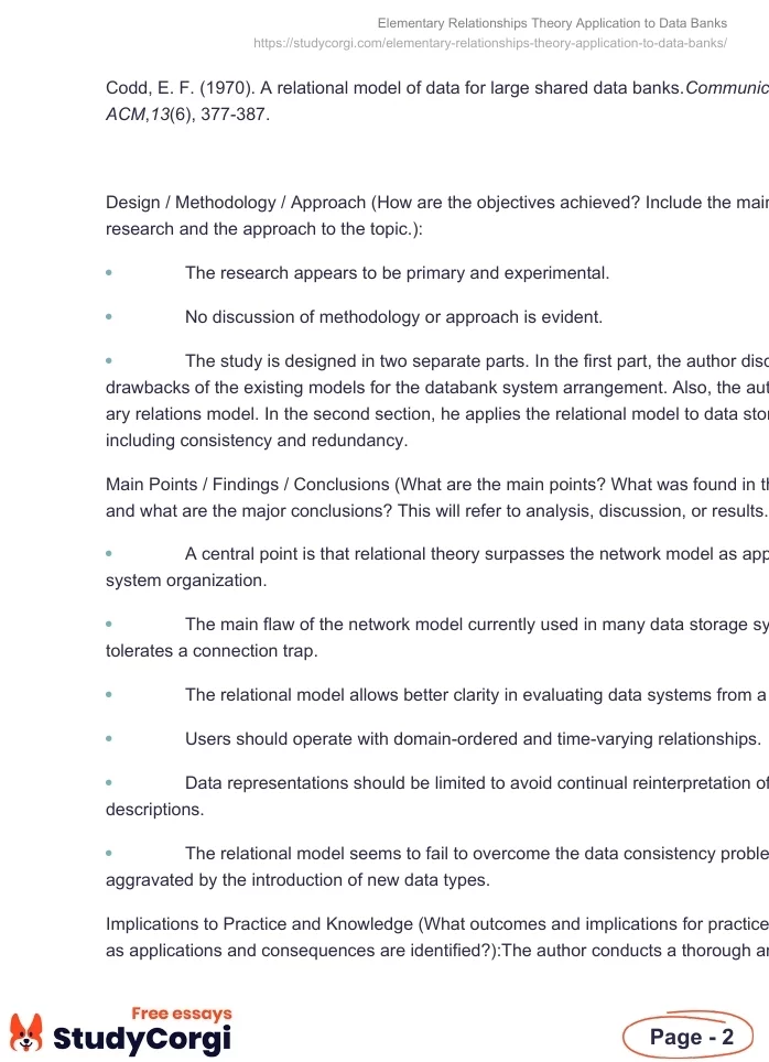Elementary Relationships Theory Application to Data Banks. Page 2