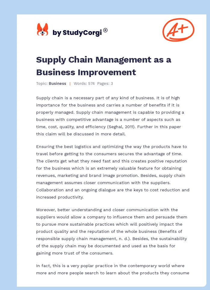 Supply Chain Management as a Business Improvement. Page 1