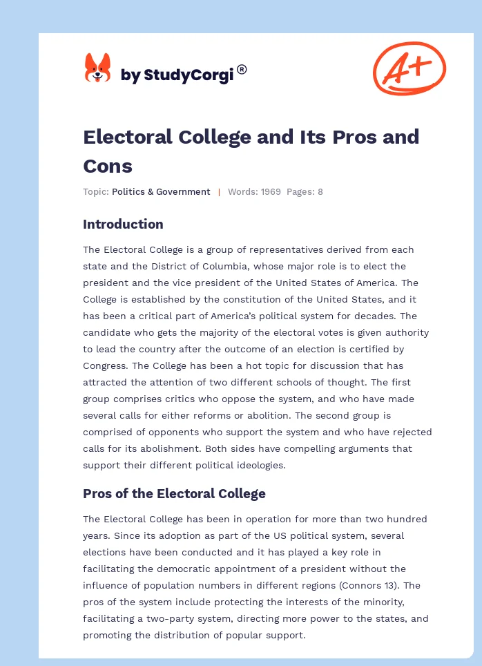 Electoral College and Its Pros and Cons. Page 1
