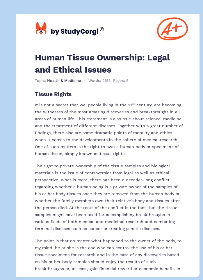 Human Tissue Ownership: Legal and Ethical Issues. Page 1