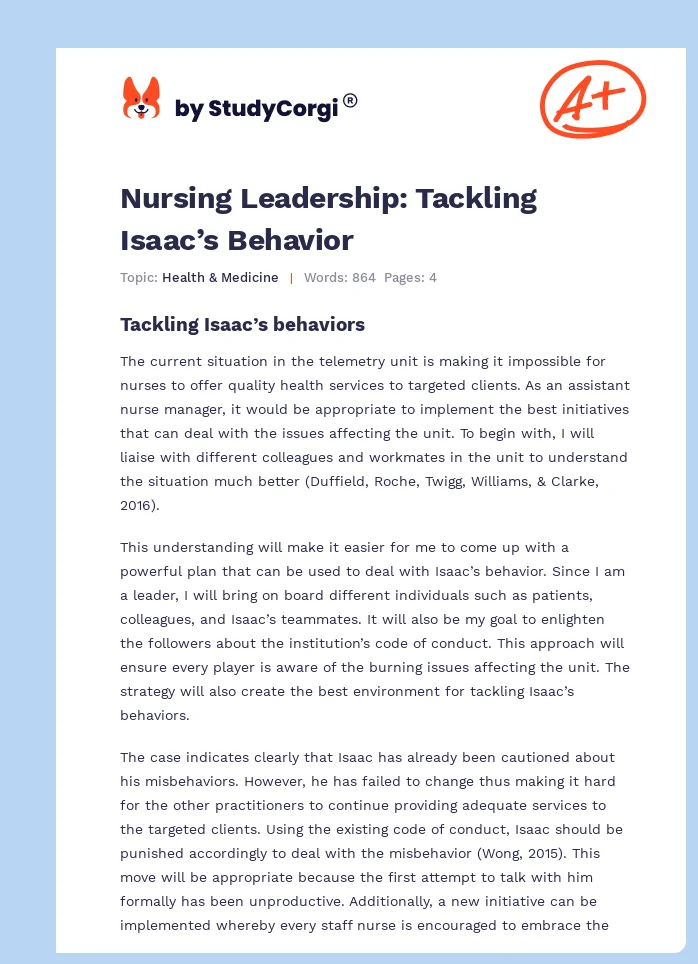 Nursing Leadership: Tackling Isaac’s Behavior. Page 1
