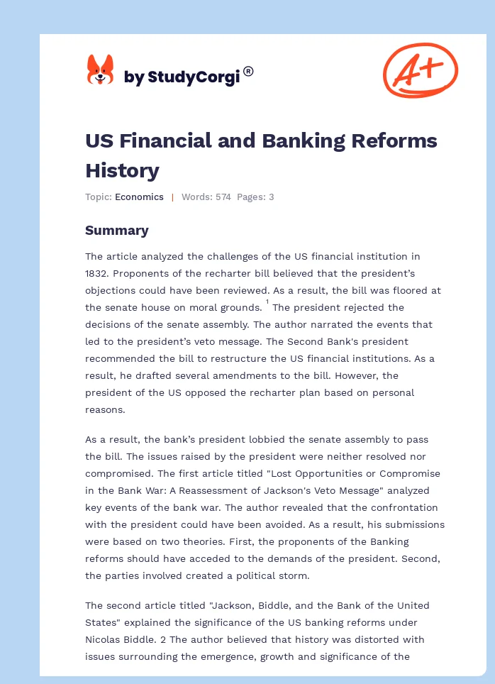 US Financial and Banking Reforms History. Page 1