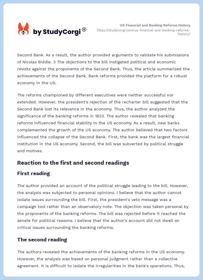 US Financial and Banking Reforms History. Page 2