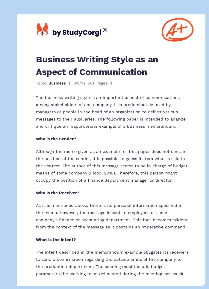 Business Writing Style as an Aspect of Communication. Page 1