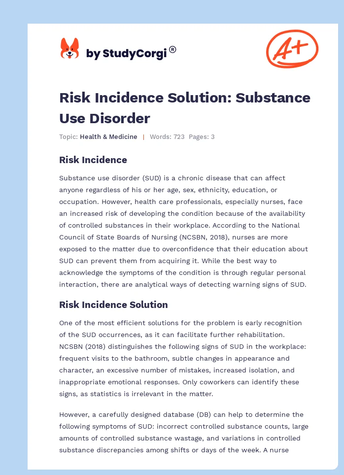 Risk Incidence Solution: Substance Use Disorder. Page 1