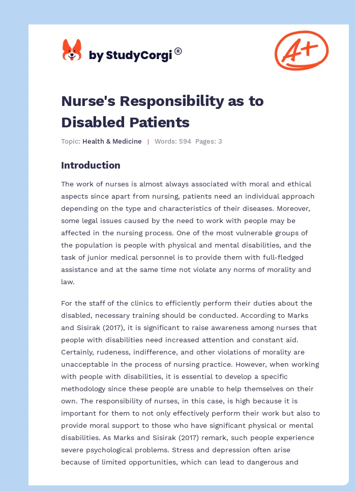 Nurse's Responsibility as to Disabled Patients. Page 1