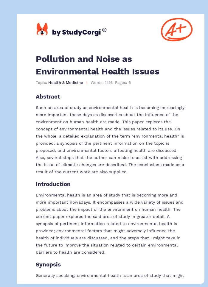 Pollution and Noise as Environmental Health Issues. Page 1