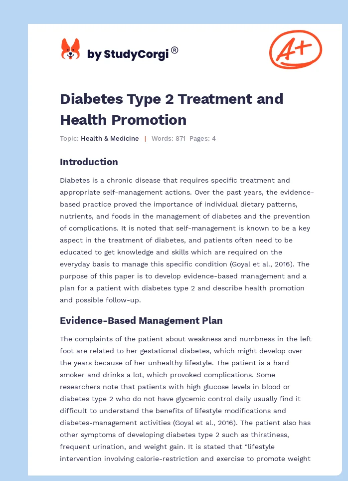 Diabetes Type 2 Treatment and Health Promotion. Page 1
