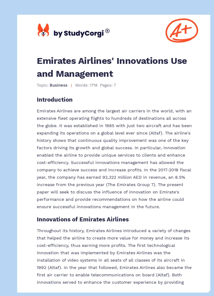 Emirates Airlines' Innovations Use and Management. Page 1