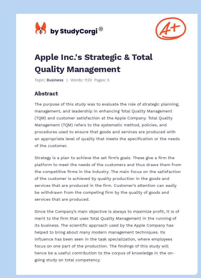 Apple Inc.'s Strategic & Total Quality Management. Page 1