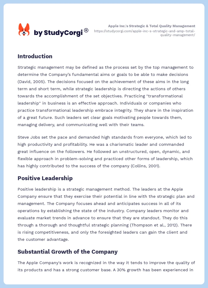 Apple Inc.'s Strategic & Total Quality Management. Page 2
