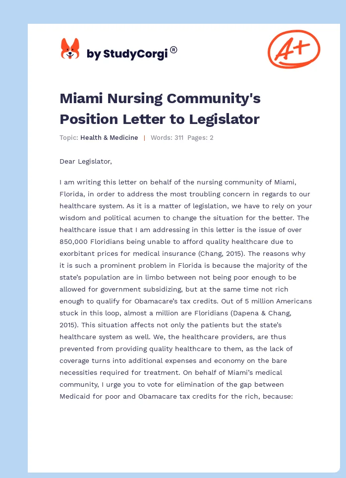 Miami Nursing Community's Position Letter to Legislator. Page 1