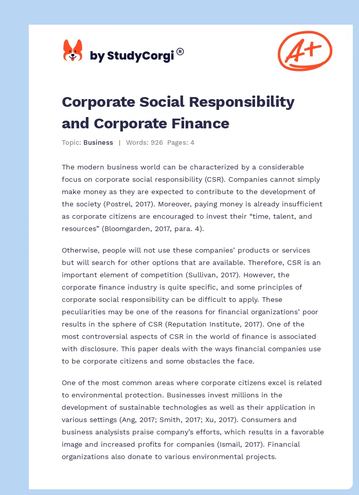 Corporate Social Responsibility and Corporate Finance. Page 1