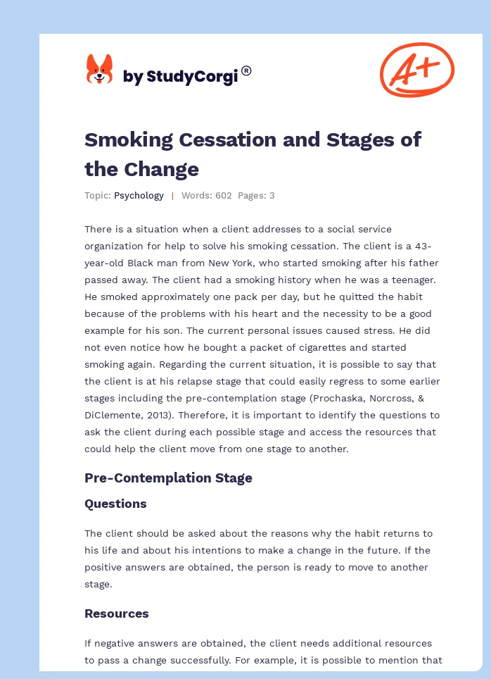 Smoking Cessation and Stages of the Change. Page 1