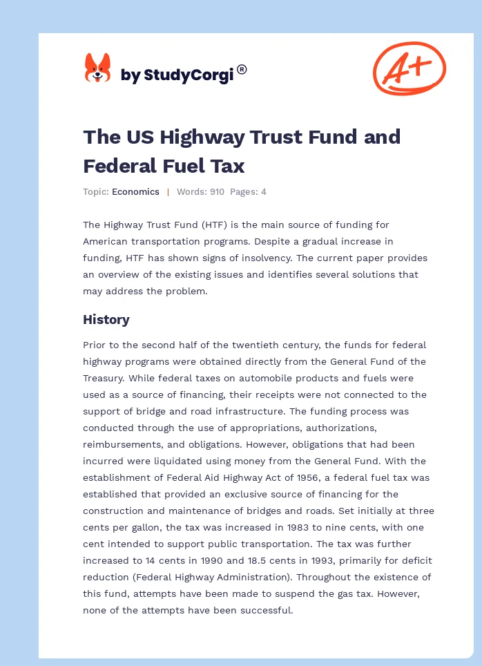 The US Highway Trust Fund and Federal Fuel Tax. Page 1