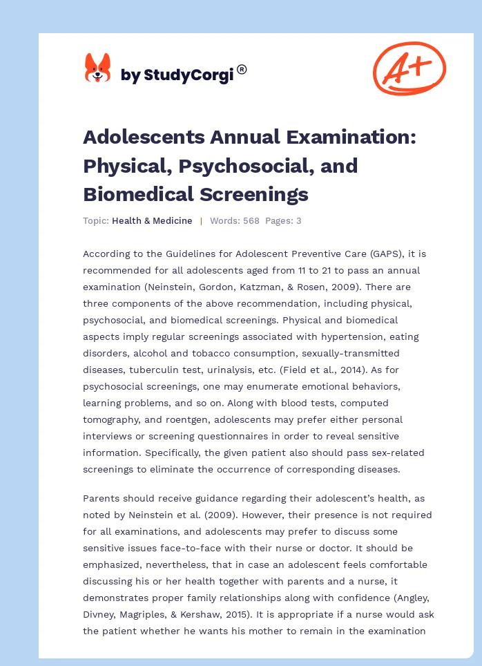 Adolescents Annual Examination: Physical, Psychosocial, and Biomedical Screenings. Page 1