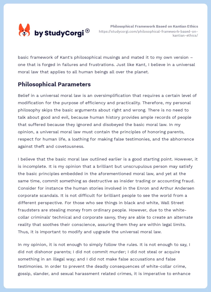 Philosophical Framework Based on Kantian Ethics. Page 2