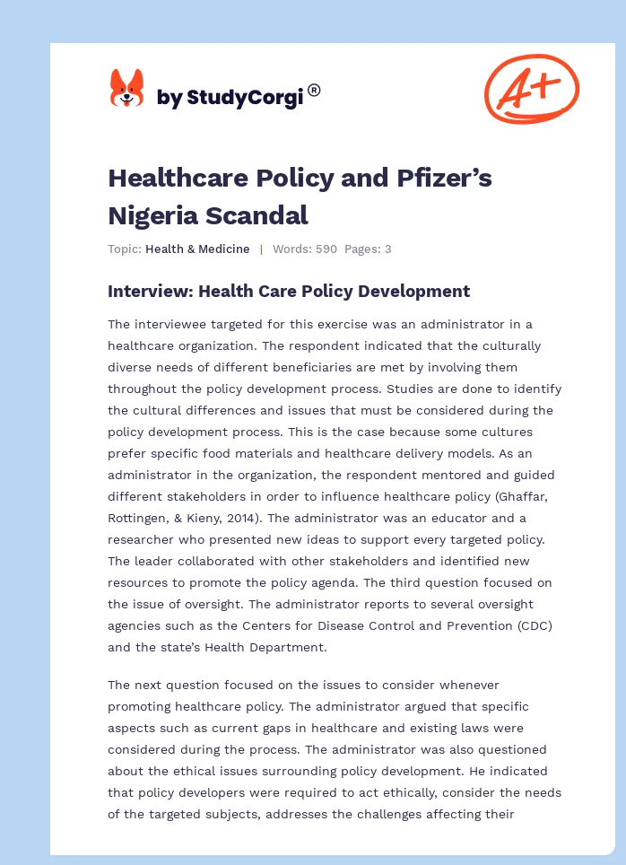 Healthcare Policy and Pfizer’s Nigeria Scandal. Page 1