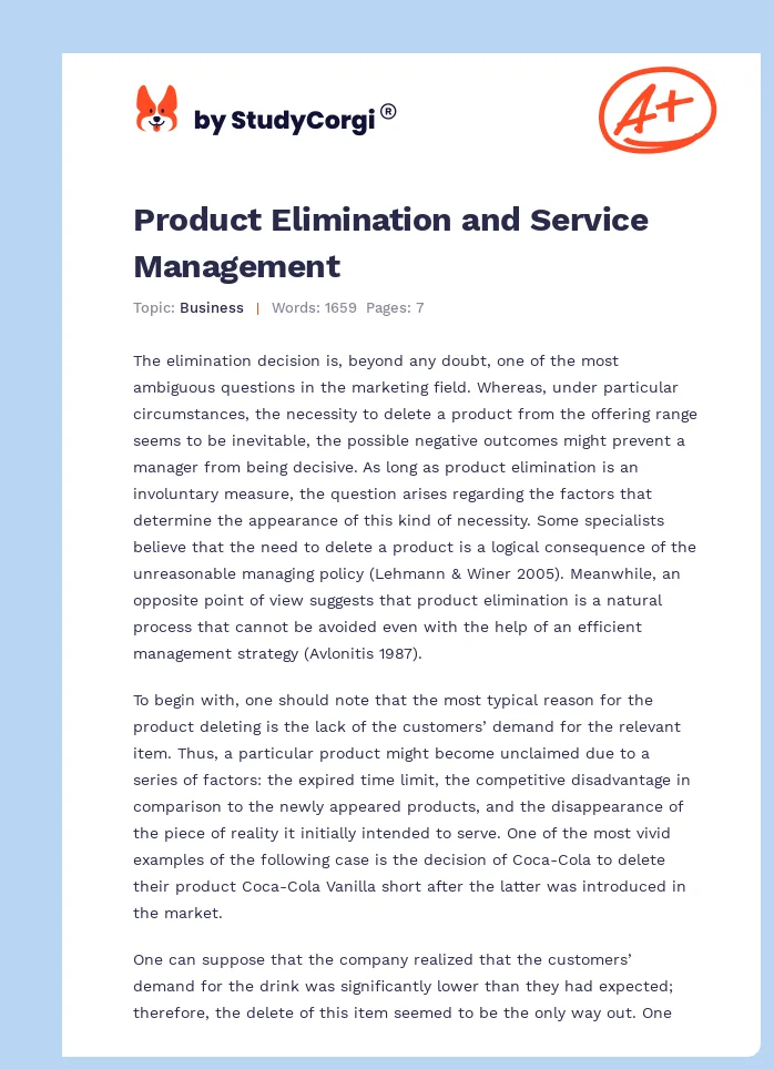 Product Elimination and Service Management. Page 1