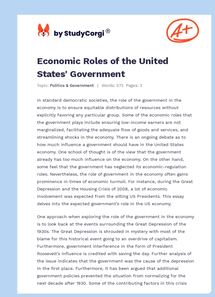 Economic Roles of the United States' Government. Page 1