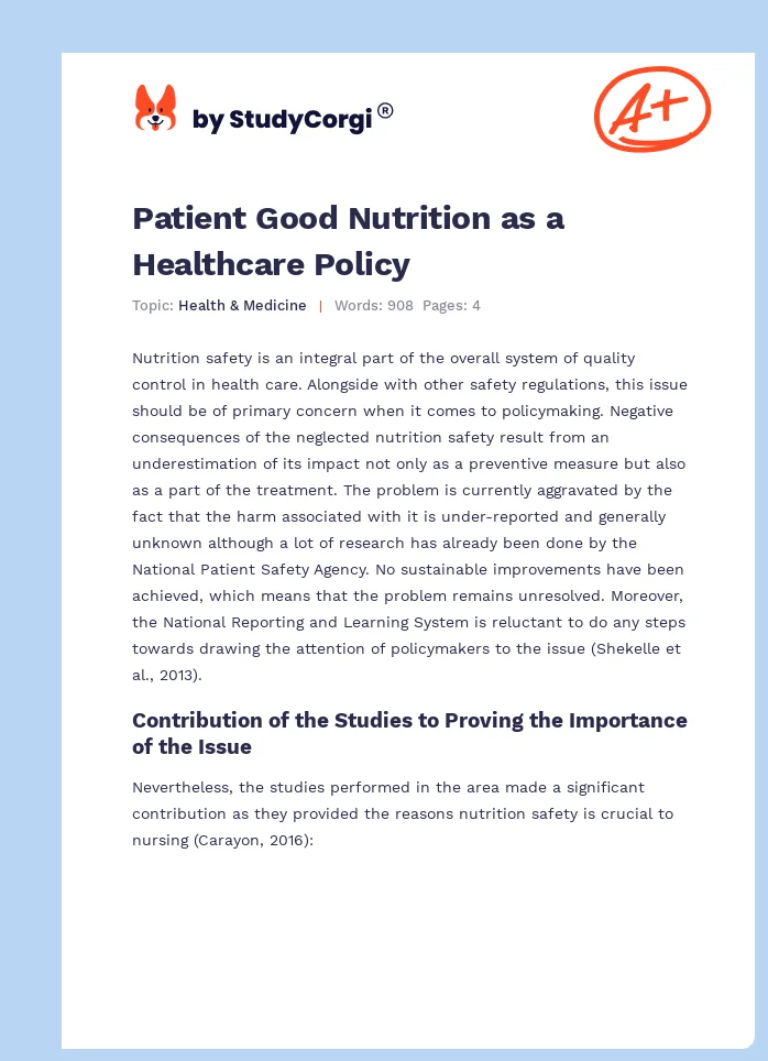 Patient Good Nutrition as a Healthcare Policy. Page 1