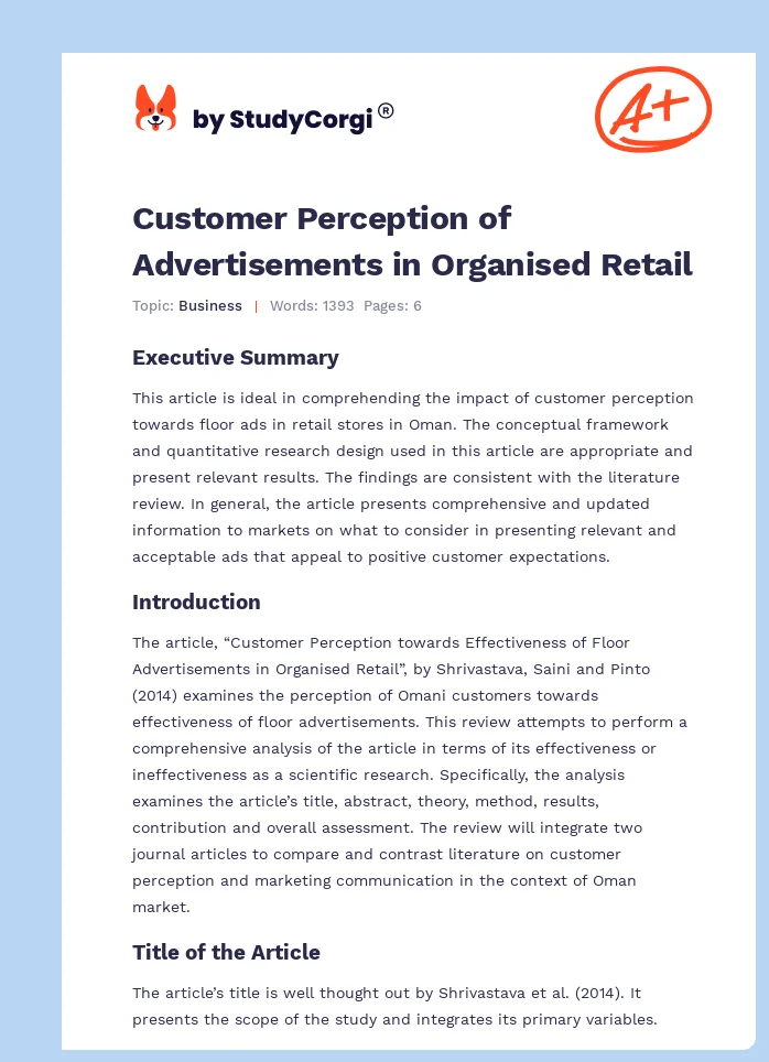 Customer Perception of Advertisements in Organised Retail. Page 1
