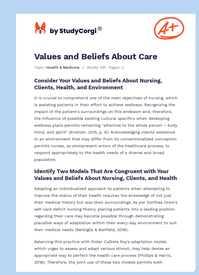 Values and Beliefs About Care. Page 1