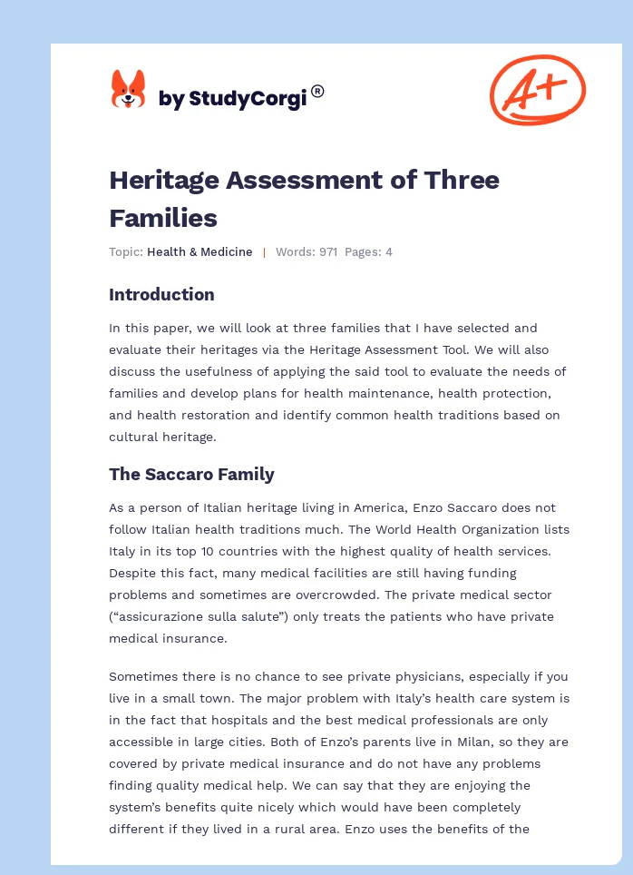Heritage Assessment of Three Families. Page 1