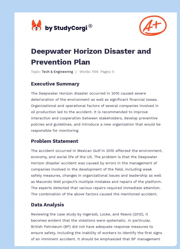 Deepwater Horizon Disaster and Prevention Plan. Page 1
