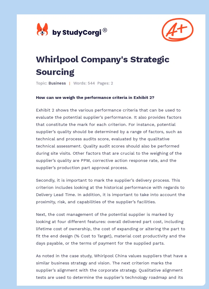 Whirlpool Company's Strategic Sourcing. Page 1