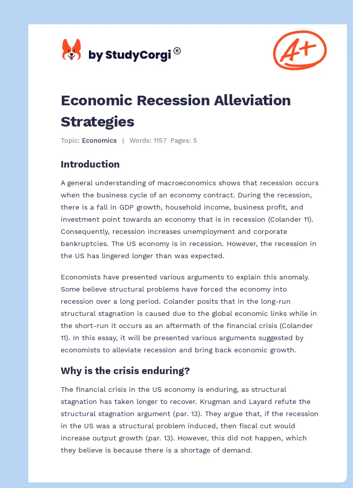 Economic Recession Alleviation Strategies. Page 1