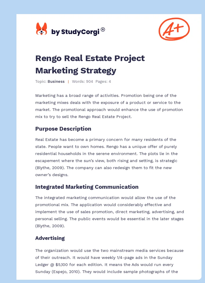 Rengo Real Estate Project Marketing Strategy. Page 1