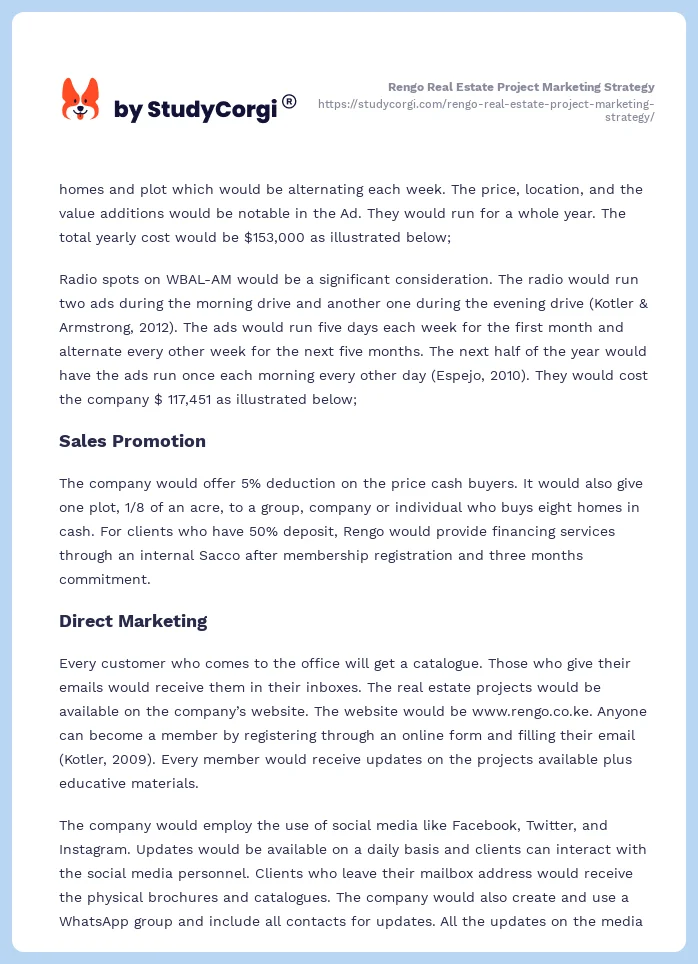 Rengo Real Estate Project Marketing Strategy. Page 2