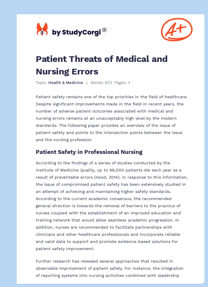 Patient Threats of Medical and Nursing Errors. Page 1