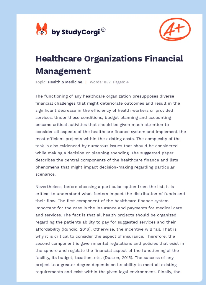 Healthcare Organizations Financial Management. Page 1